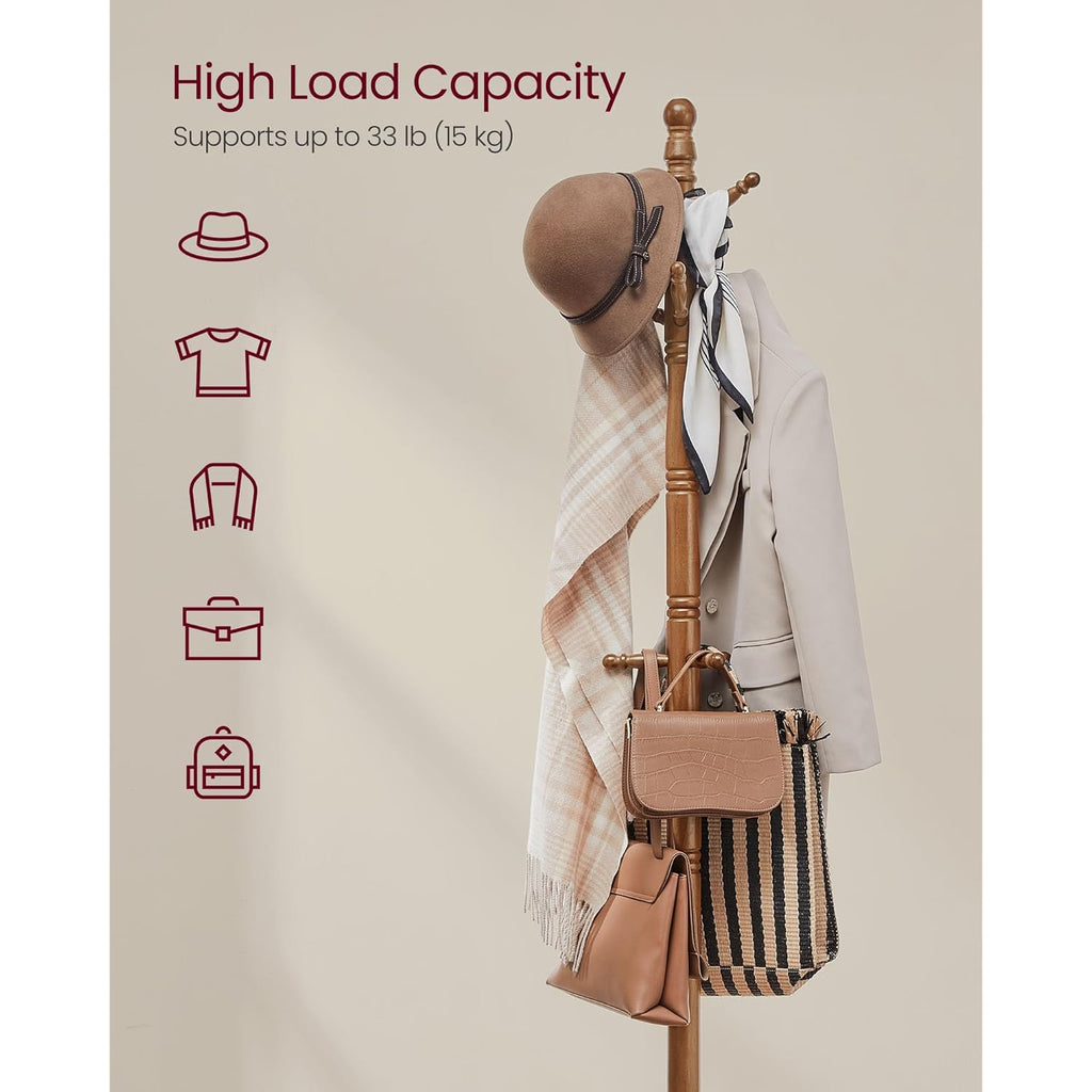 VASAGLE Solid Wood Coat Rack and Stand, Free Standing Hall Coat Tree with 10 Hooks for Hats, Bags, Purses, for Entryway, Hallway, Rubberwood, Caramel Brown URCR03WN