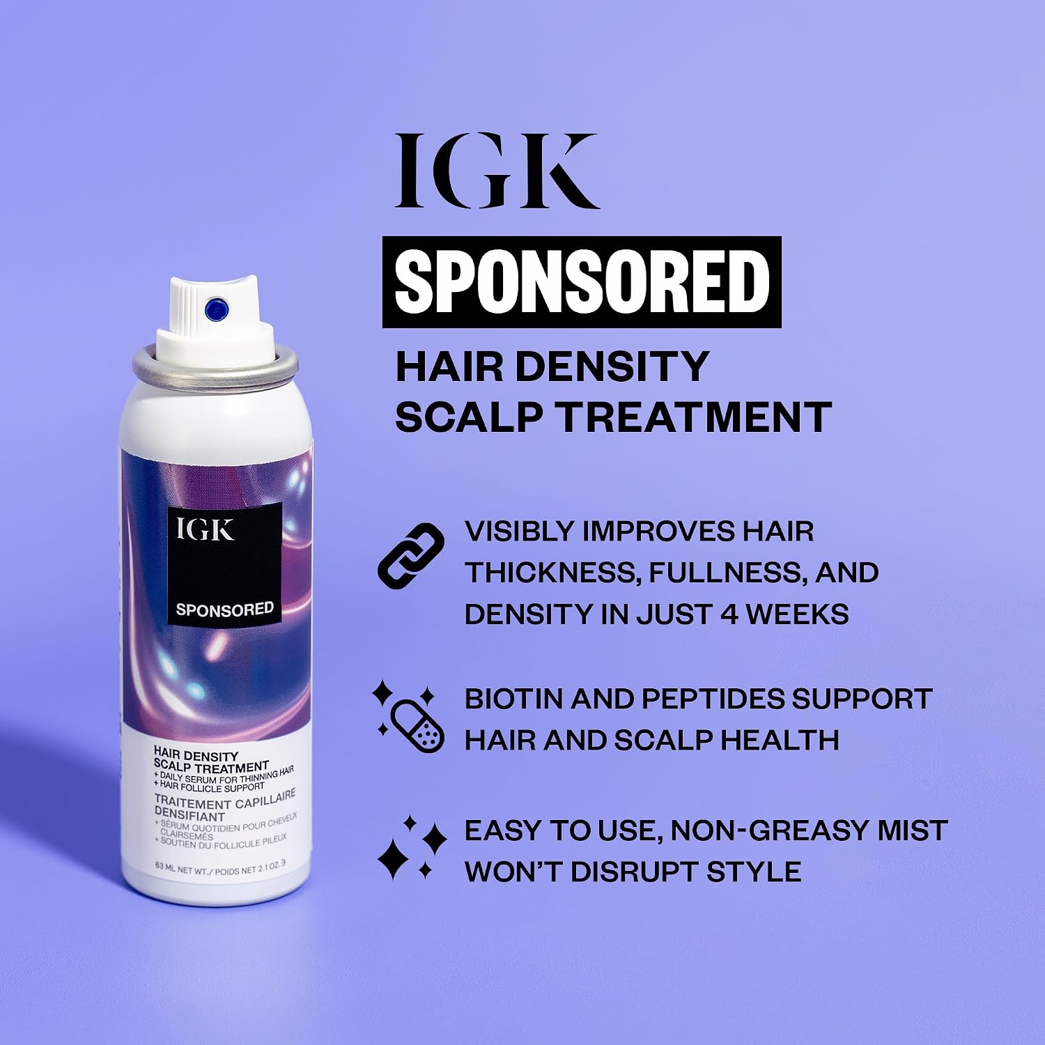 Igk Sponsored Scalp Treatment For Hair Growth | Thickening Serum For Thinning Hair | Clinically Tested Mist For Hair Density And Volume | 2.1 Oz