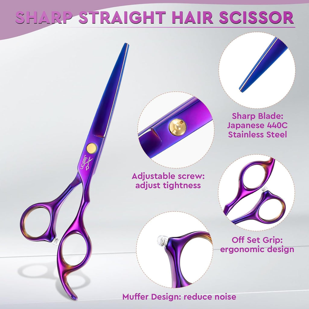 Jason Hair Cutting Scissors Professional - 10 Pcs Haircut Scissors Set, Thinning Shears For Hair Cutting With 30 Teeth, Straight Shears For Men Women Home Salon Barber Purple