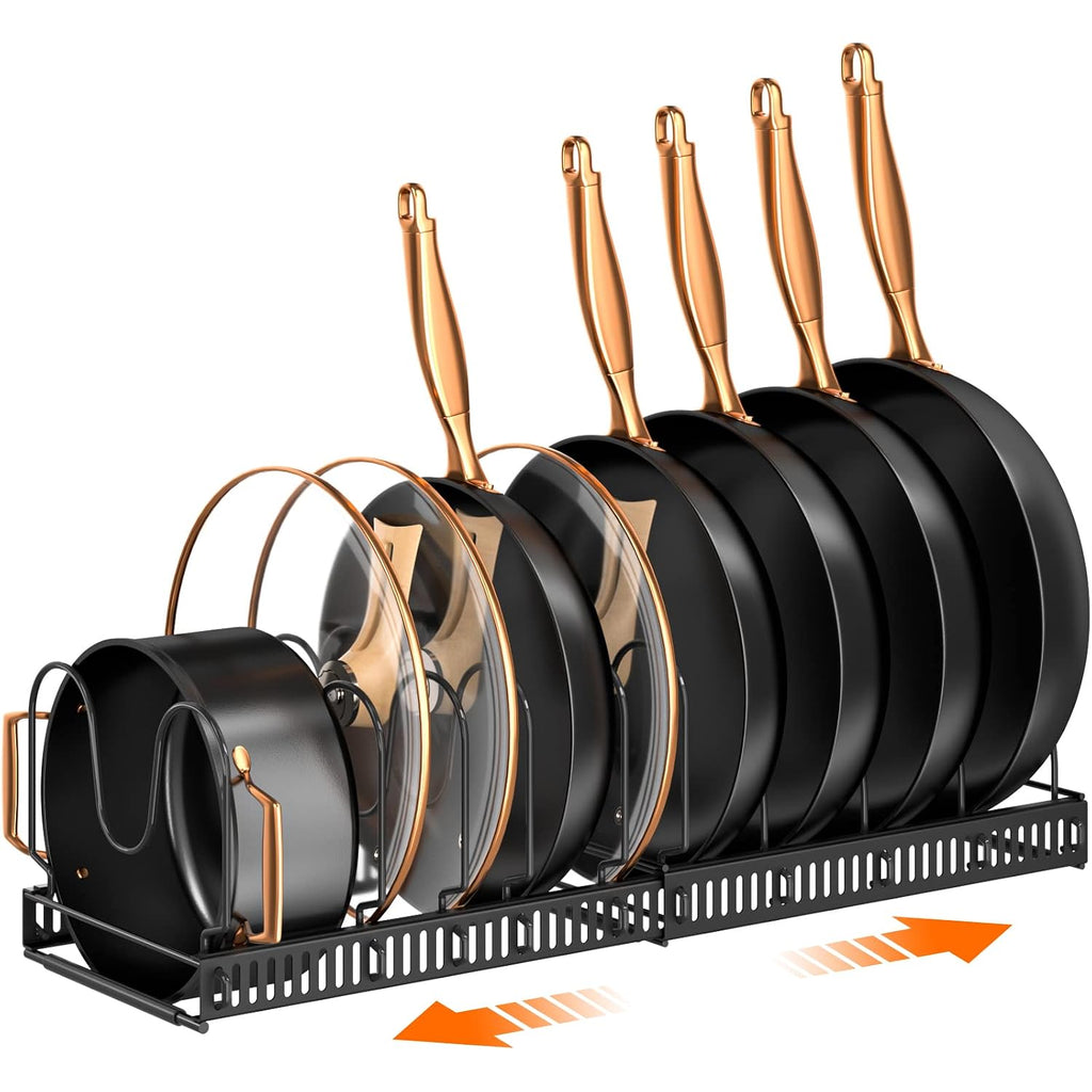 Mudeela Pots And Pans Organizer Rack For Under Cabinet, Expandable 11.81''-22.85'' Pot Lid Kitchen Cabinet Organizer Holder With 10 Adjustable Compartment Cutting Board Organizer For Pan Lid, Bakeware