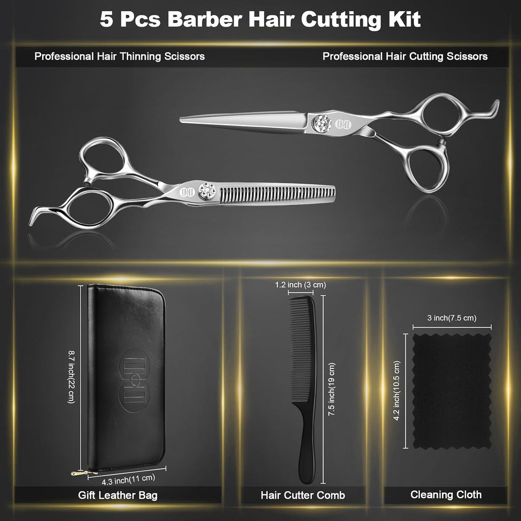 Professional Hair Cutting Scissors Shears Kit, 440C 7 Inch Barber Haircut Scissors Set (Hair Beard Trimming Haircutting Thinning Shears) For Hairdressing Stylist Hairdresser Salon Home