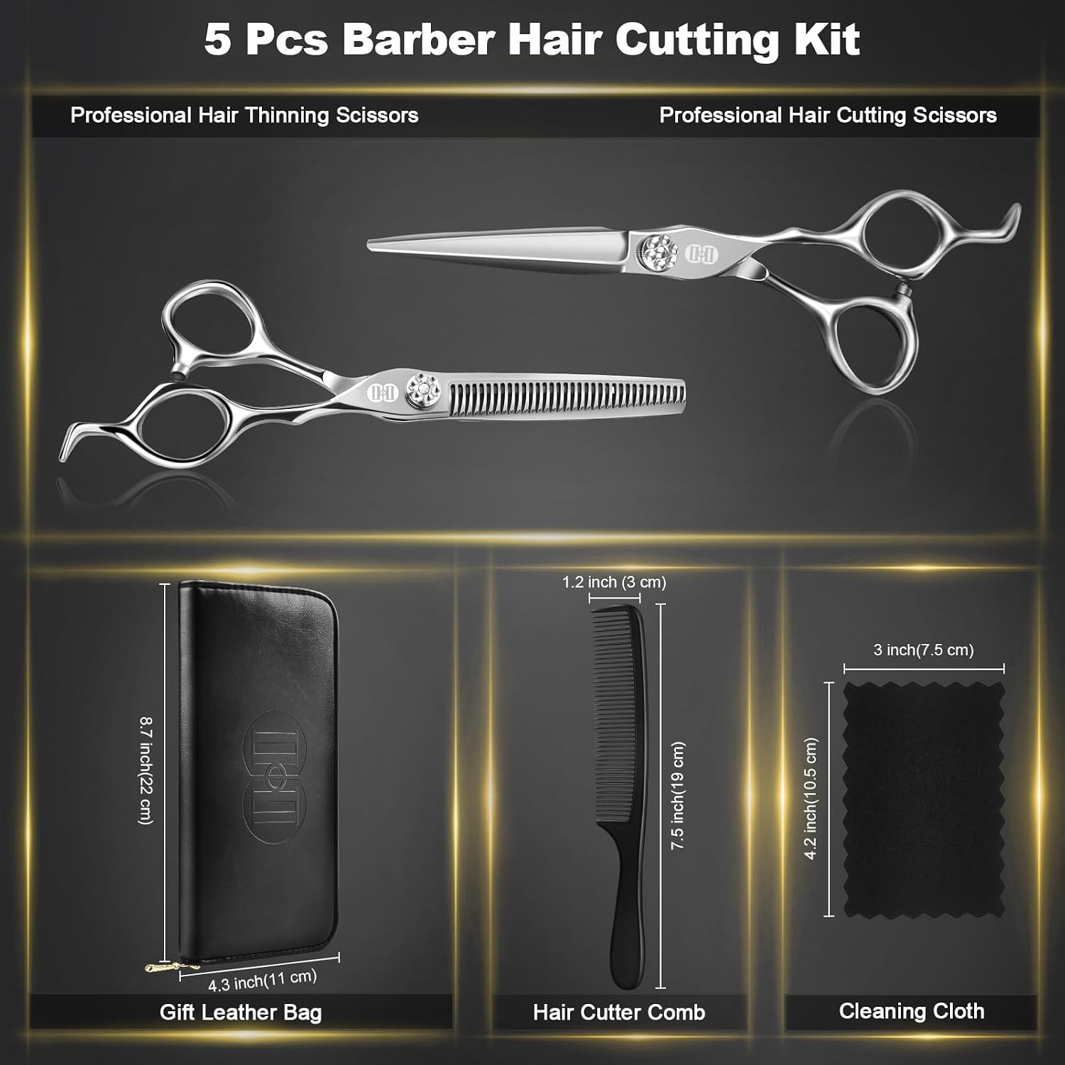 Professional Hair Cutting Scissors Shears Kit, 440C 7 Inch Barber Haircut Scissors Set (Hair Beard Trimming Haircutting Thinning Shears) For Hairdressing Stylist Hairdresser Salon Home