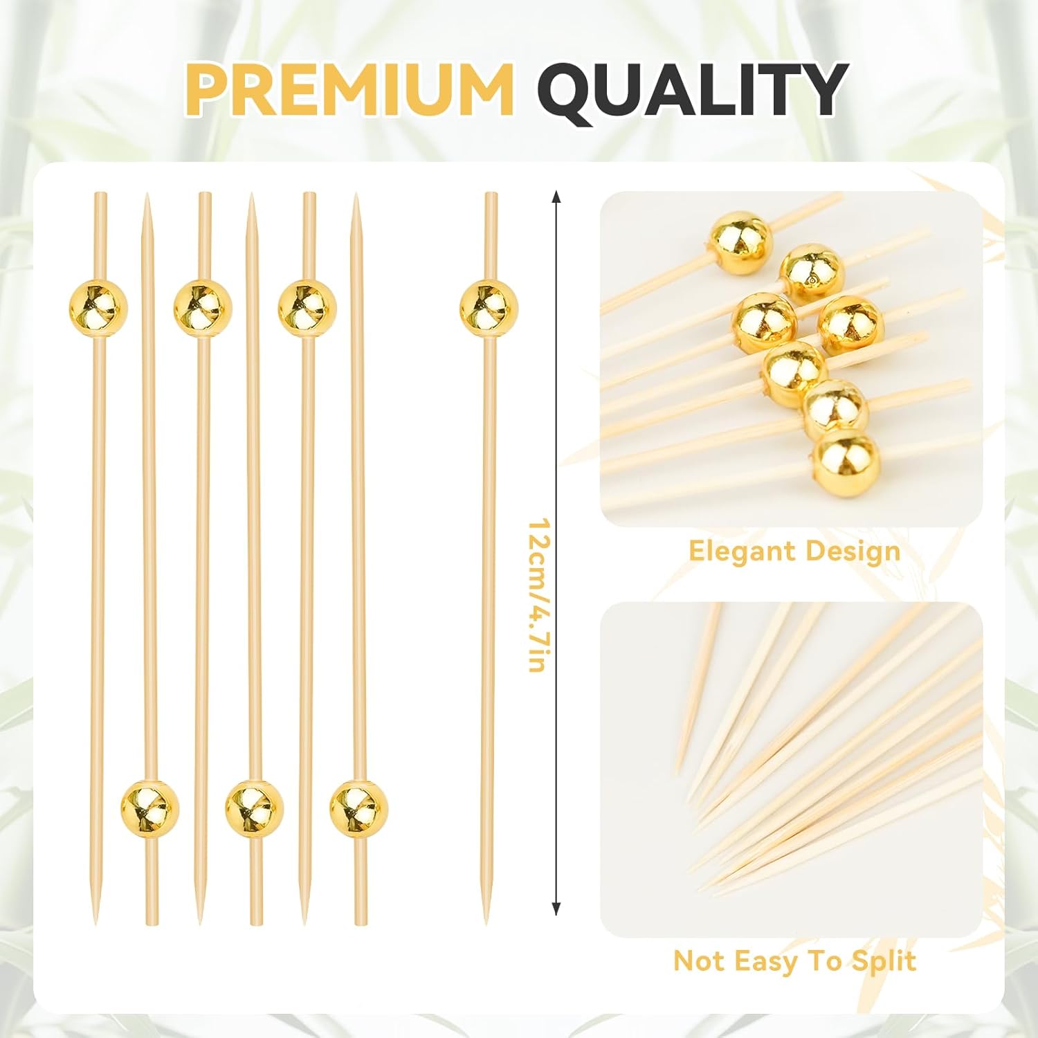 200PCS Cocktail Picks, Fancy Toothpicks for Appetizers, Decorative Skewers for Appetizers Drinks Party Fruit, 4.7 Inch Long Wooden Bamboo Gold Ball Food Sticks Charcuterie Boards Accessories