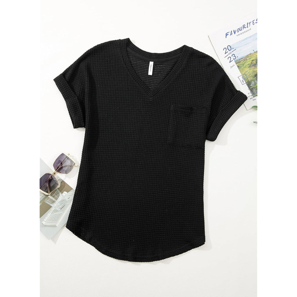 Womens Waffle Knit Tops 2026 Spring Summer V Neck Shirts Casual Trendy Women's Blouses Basic Tee