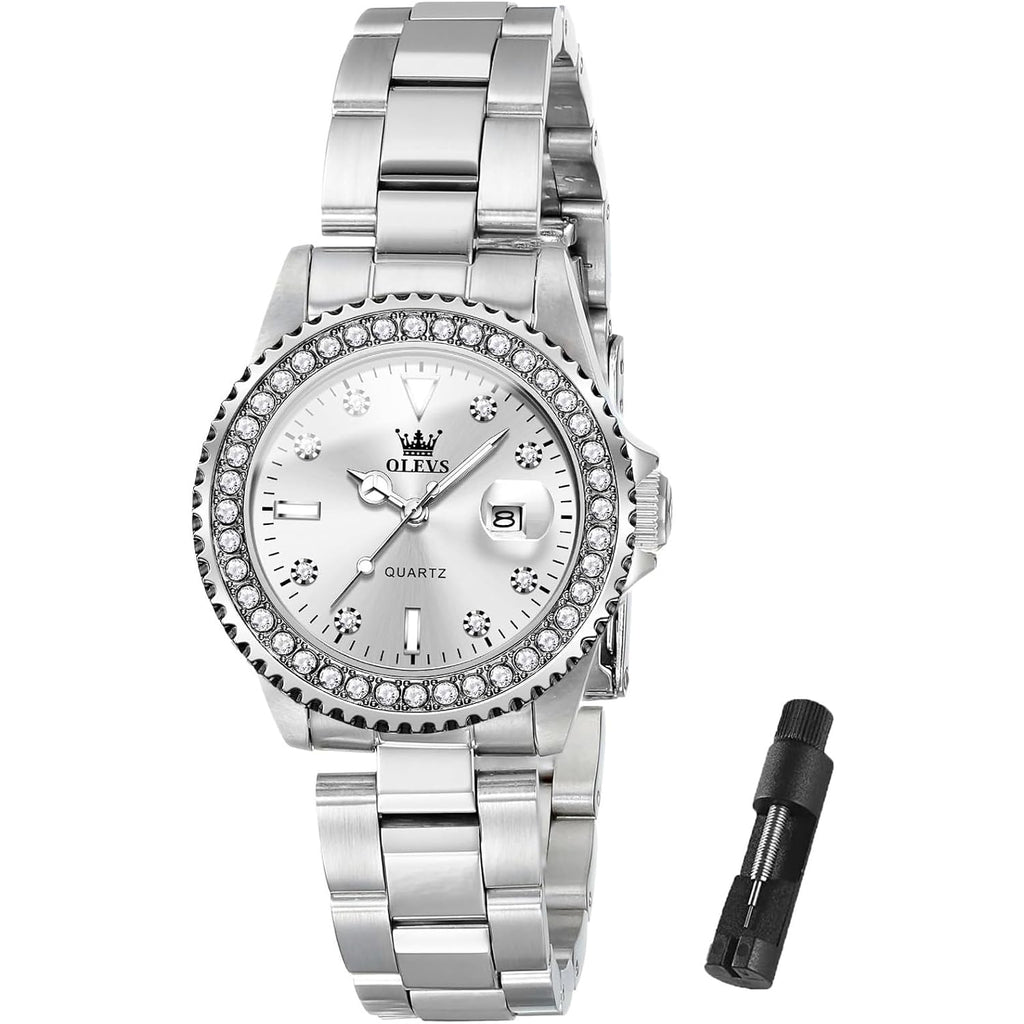 Olevs Quartz Watch Women Silver Stainless Steel Waterproof Luminous