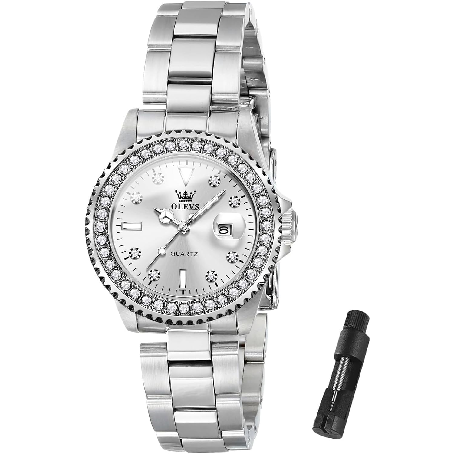 Olevs Quartz Watch Women Silver Stainless Steel Waterproof Luminous