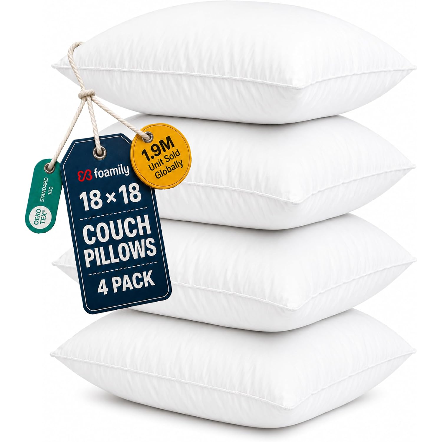 Foamily Couch Pillows Inserts 18x18 (Set of 4) Premium Decorative Pillows for Couch, Bed & Living Room, Soft Fluffy Throw Pillow Inserts for Home Décor