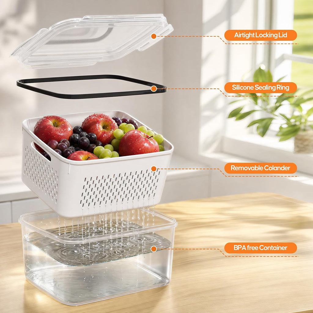 Fruit Storage Containers For Fridge - 6 Pack Produce Storage Containers With Removable Colander, Leakproof Refrigerator Fruit Organizers Keep Berry Veggie Salad Meat Fresh Longer, Largest 6.55 Quart