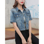 Women'S Summer Short Sleeve Crop Denim Trucker Jacket Jean Coat Tops