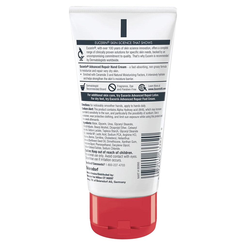 Eucerin Advanced Repair Hand Cream, Immediately Soothes and Repairs Very Dry Skin, Fragrance Free, Non Greasy, Fast Absorbing, Travel Size Hand Lotion, 2.7 Oz Tube, Pack of 3