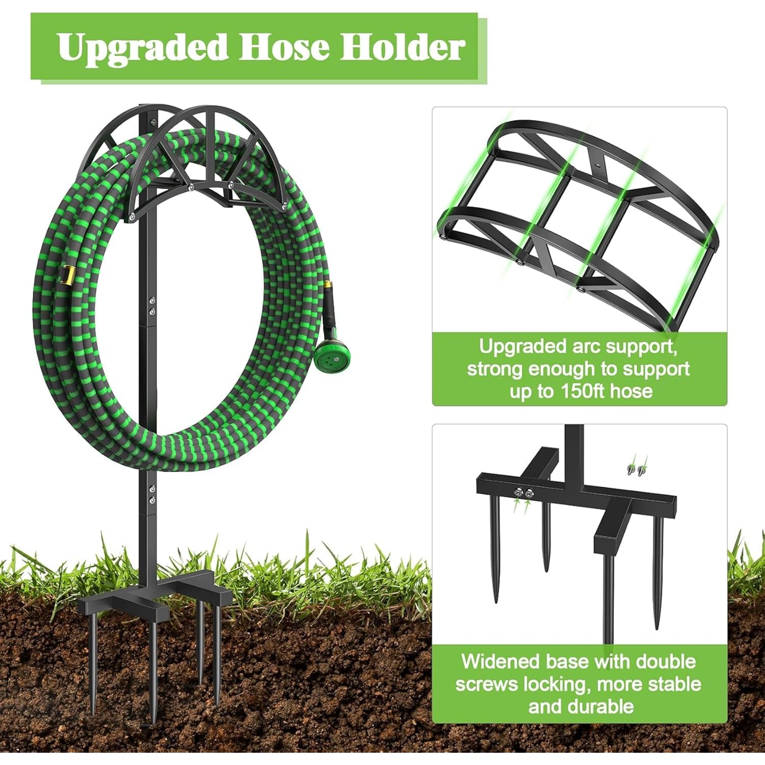 Mr Ironstone Garden Hose Holder Freestanding With 4 Spikes, Upgraded Water Hose Holder With Stainless Steel Screws, Heavy Duty Hose Stand Holds (Black)