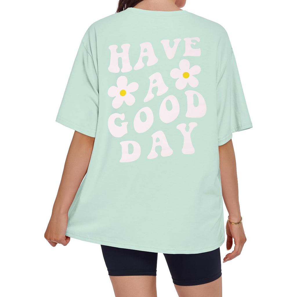 ADOREJOY Oversized Tshirts for Women Crewneck Summer Graphic Tees Short Sleeve Loose Basic Tops 2026 C Light Green Flower