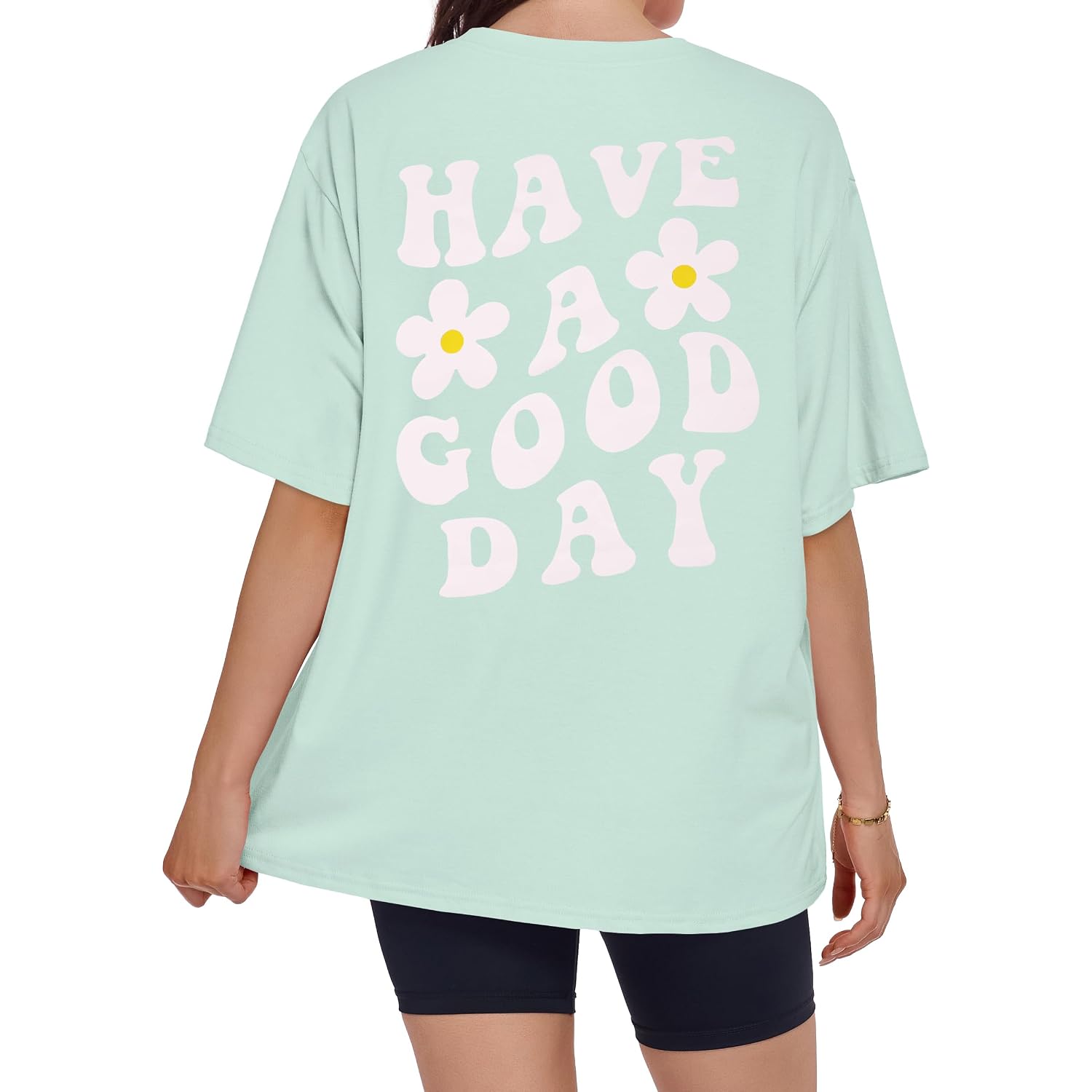 ADOREJOY Oversized Tshirts for Women Crewneck Summer Graphic Tees Short Sleeve Loose Basic Tops 2026 C Light Green Flower
