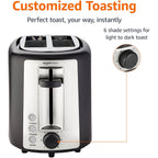 Amazon Basics 2 Slice Toaster, Extra Wide Slots For Bagels, 6 Browning Settings, Removable Crumb Tray, Defrost/Cancel/Bagel Buttons, Cord Wrap, 900W, Black & Silver