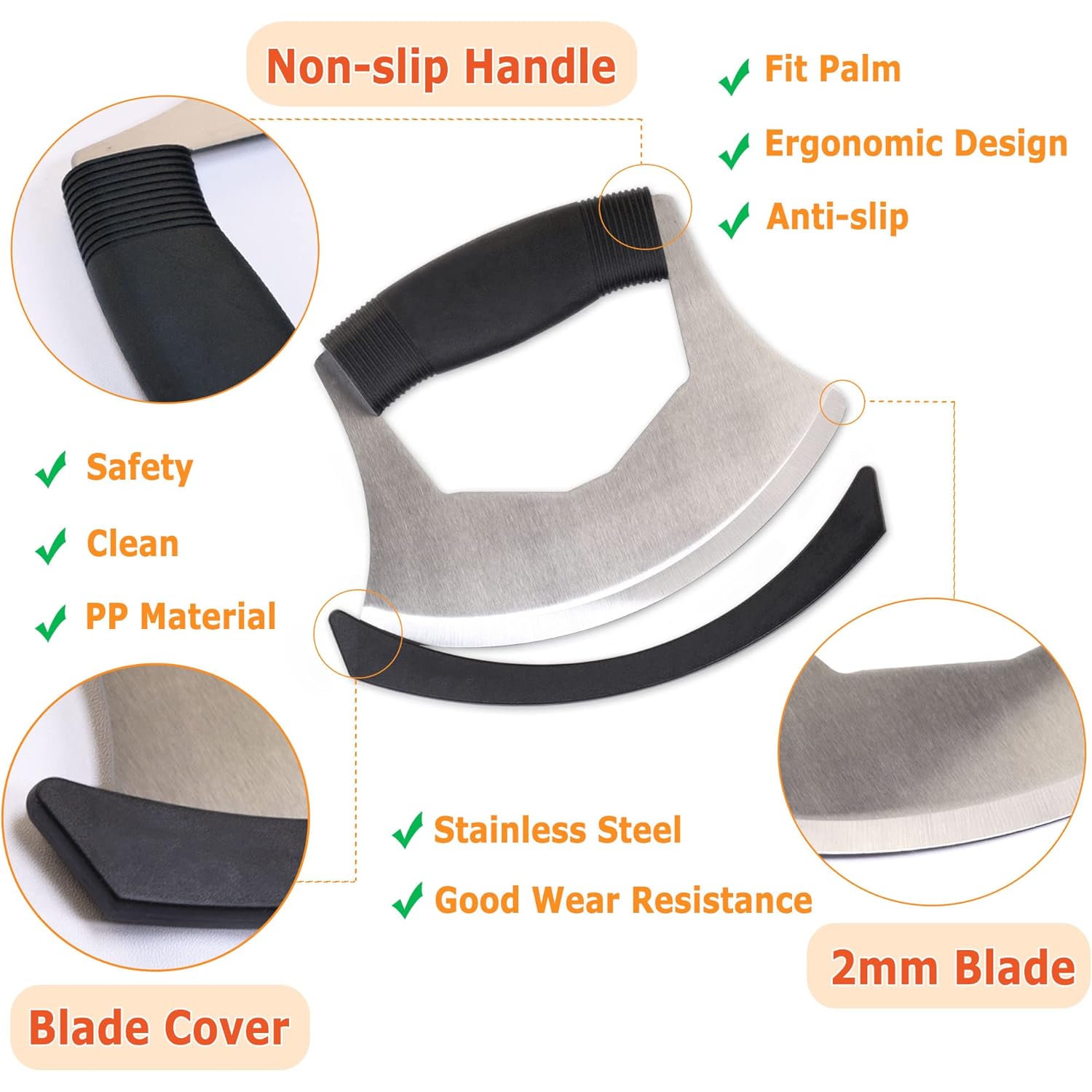 Salad Chopper Mezzaluna Knife with Protective Cover and Anti-Slip Handle - Stainless Steel Vegetable Cutter, Onion Chopper, Pizza Cutter