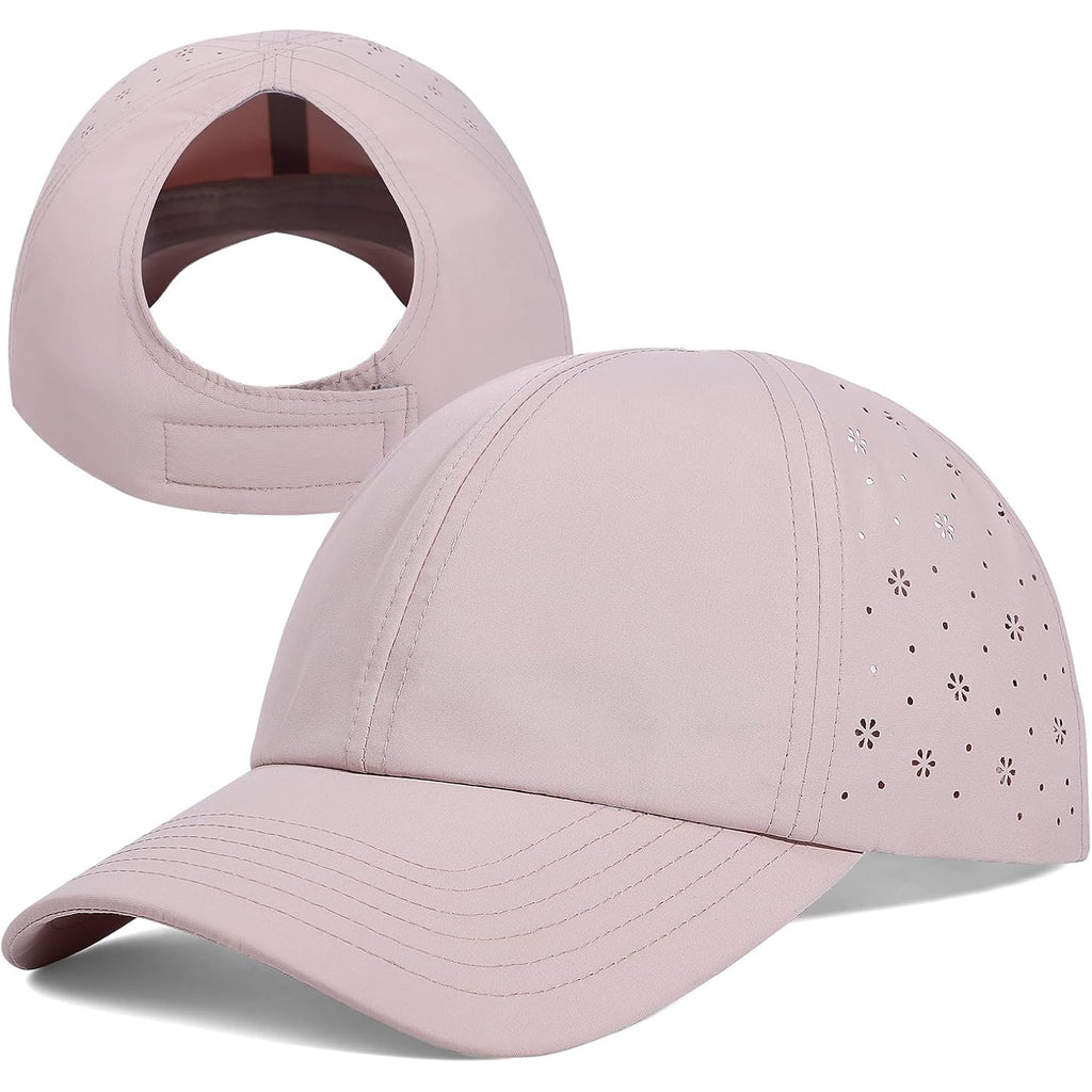 Women Backless Ponytail Baseball Cap for Curly Hair, Afro Puff, High Messy Bun, Adjustable Perforated Ponycap Breathable Flower Cutouts - Wonder Taupe