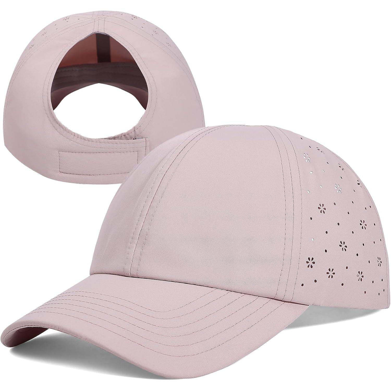 Women Backless Ponytail Baseball Cap for Curly Hair, Afro Puff, High Messy Bun, Adjustable Perforated Ponycap Breathable Flower Cutouts - Wonder Taupe