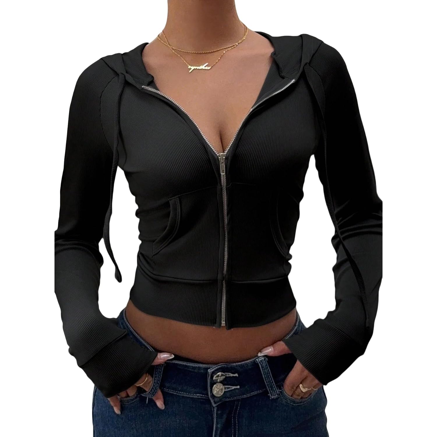 Women'S Y2K Hoodie Crop Zip Up Ribber Knit Fall Jacket Tops Slim Fit Long Sleeves Sweatshirt With Pockets