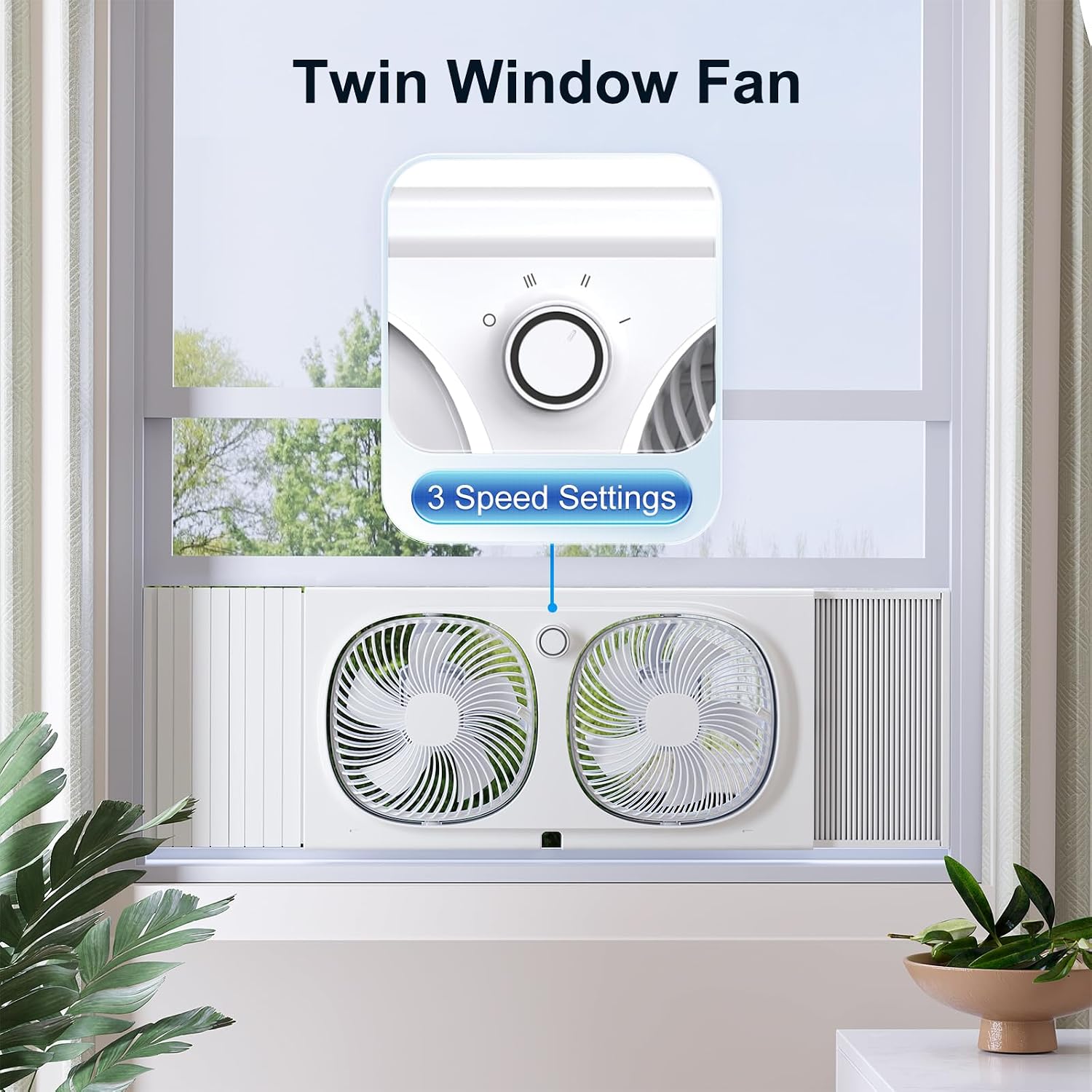 Shinic 3-Speeds Window Fan With 180°+90° Rotatable Fans, Manual Reversible, Vertical Window Fan With Rigid & Accordion Expanders, Width Adjustable (21.65" To 33.27"), Ideal For Home, Kitchen, Bedroom