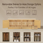 Shoe Bench, Entryway Storage Bench With Doors, Cushion, 2-Tier Shoe Rack With 8-Cubby, 47.2”L X 13.8”W Shoe Organizer Cabinet, Adjustable Shelf, Living Room, Bedroom, Natural With Rattan
