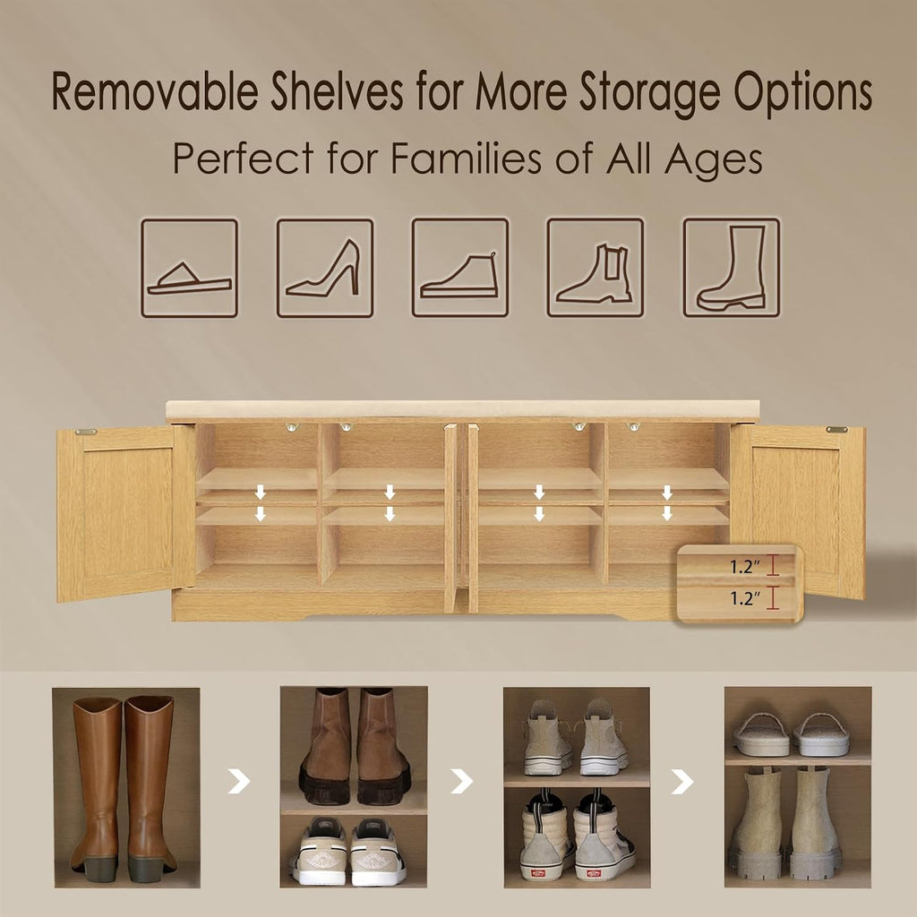 Shoe Bench, Entryway Storage Bench With Doors, Cushion, 2-Tier Shoe Rack With 8-Cubby, 47.2”L X 13.8”W Shoe Organizer Cabinet, Adjustable Shelf, Living Room, Bedroom, Natural With Rattan