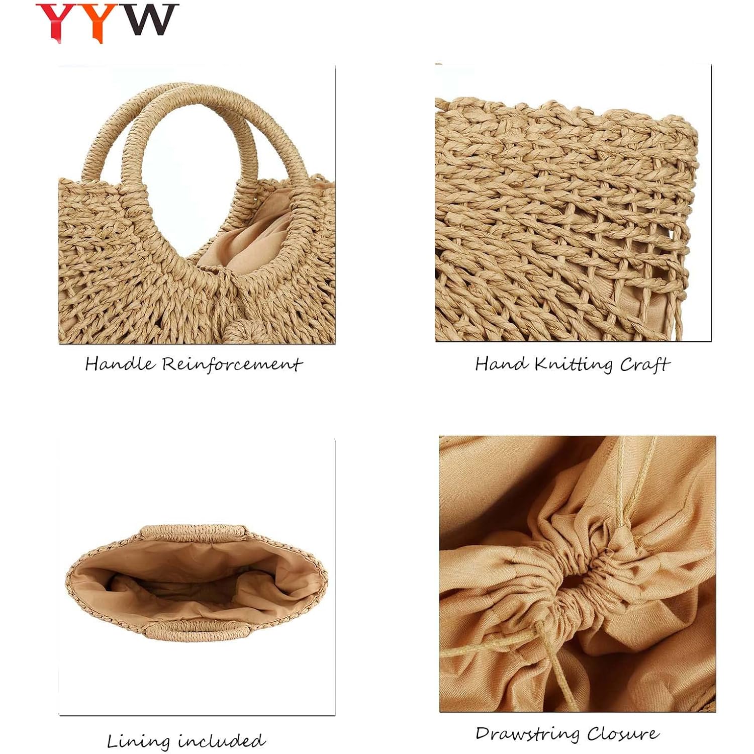 Yyw Straw Bags For Women,Hand-Woven Straw Top-Handle Bag With Round Ring Handle Summer Beach Rattan Tote Handbag
