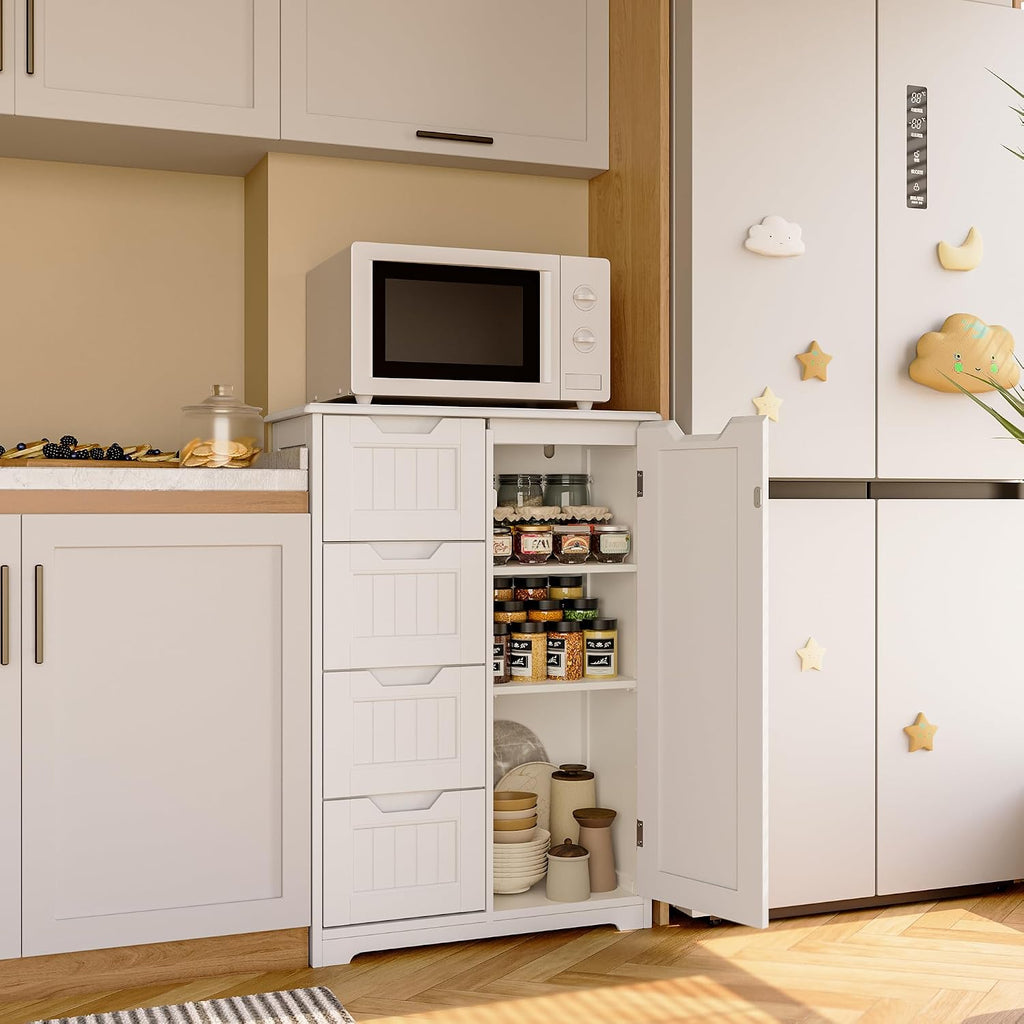 Gizoon Small Kitchen Coffee Bar Cabinet With Door And Shelves, Kitchen Sideboard Buffet Cabinet With 4 Drawers Small Pantry For Kitchen And Living Room, White, Painted