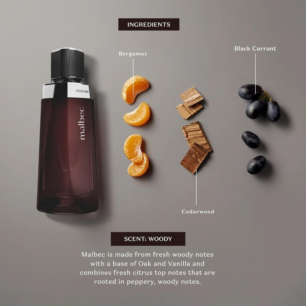 Malbec O Boticário Classic Eau De Toilette - Long-Lasting Cologne For Men - Unique French Oak Barrel-Aged Red Wine & Woody Amber Scent - Premium Mens Fragrance - Citrus, Amber & Vanilla - 3.4 Oz