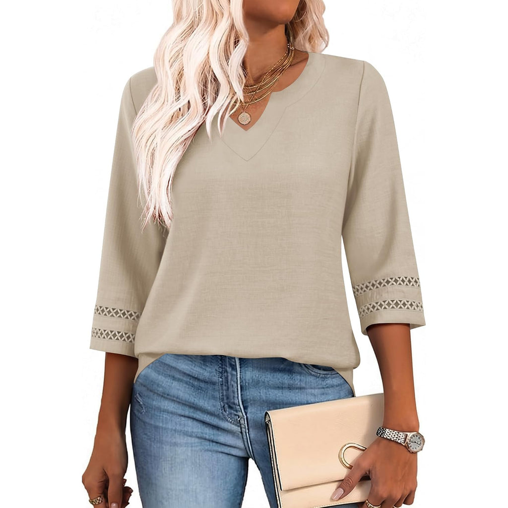 Lomon Womens 3/4 Sleeve V Neck Bohemian Blouses Casual Loose Fit Tunic Tops Vacation Clothes