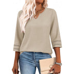 Lomon Womens 3/4 Sleeve V Neck Bohemian Blouses Casual Loose Fit Tunic Tops Vacation Clothes