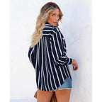 Siliteelon Button Down Shirts For Women Striped Long Sleeve Oversized Boyfriend Blouses Collared Work Drop Shoulder Tops