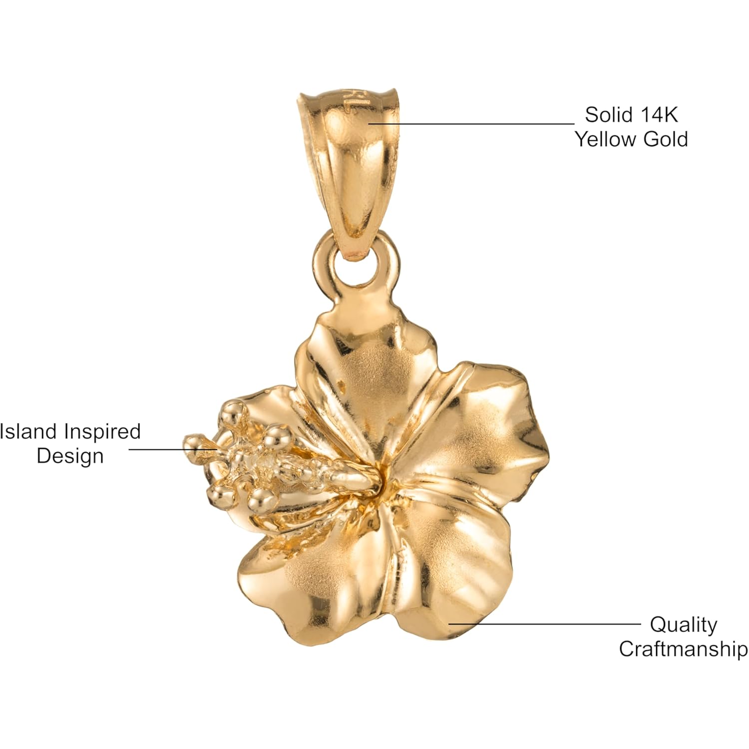 14K Solid Yellow Gold Hawaiian Hibiscus Flower Pendant Charm, For Mom Daughter Girlfriend, Nickle Free Hypoallergenic for Sensitive Skin, Gift Box Included