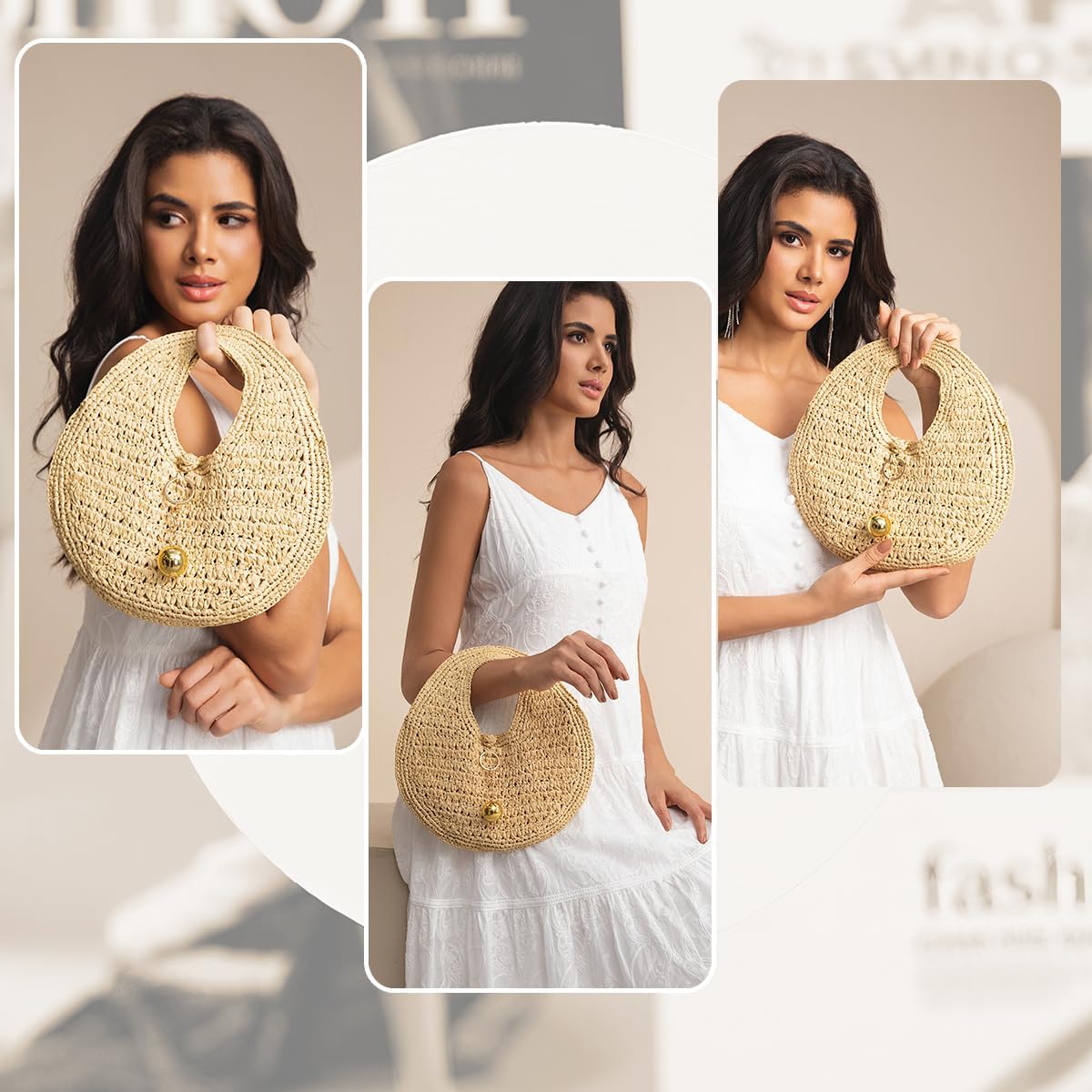 Philomena Woven Straw Beach Bag For Women Handmade Raffia Circle Bag, Summer Boho Chic Tote Purse Handbag Large Round Bag