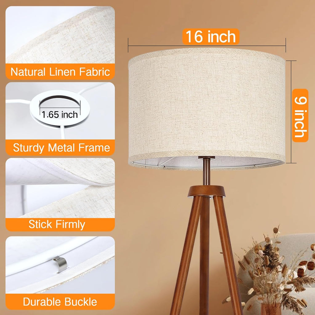 Outon Beige Large Drum Lamp Shades For Floor Lamps, 16" Top X16" Bottom X 9" High, Easy To Assemble, Replacement Linen Lampshades For Table Lamps & Bedside Lamps (1.65" Spider)