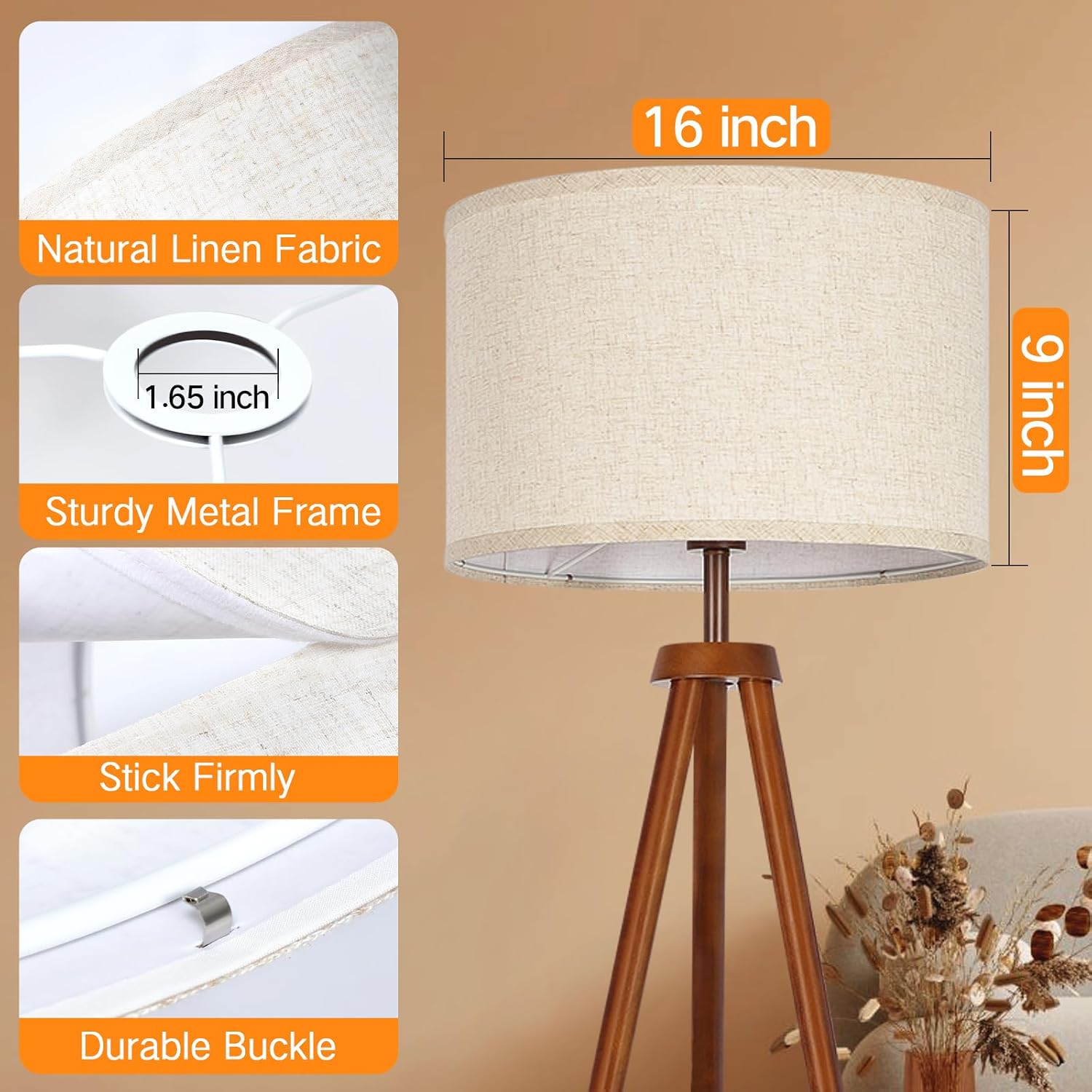 Outon Beige Large Drum Lamp Shades For Floor Lamps, 16" Top X16" Bottom X 9" High, Easy To Assemble, Replacement Linen Lampshades For Table Lamps & Bedside Lamps (1.65" Spider)