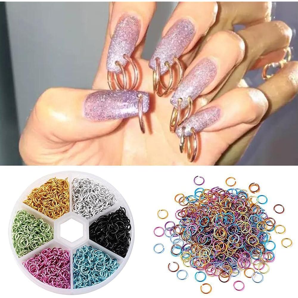 1 Box Nail Piercing Dangle Nails Rings Mix Color Open Single Loops Jewelry DIY Nail Art Decor Dangle Nail Art Charms Glitter 3D Nails Rhinestones Acrylic Decoration Metal Alloy Designs (B)