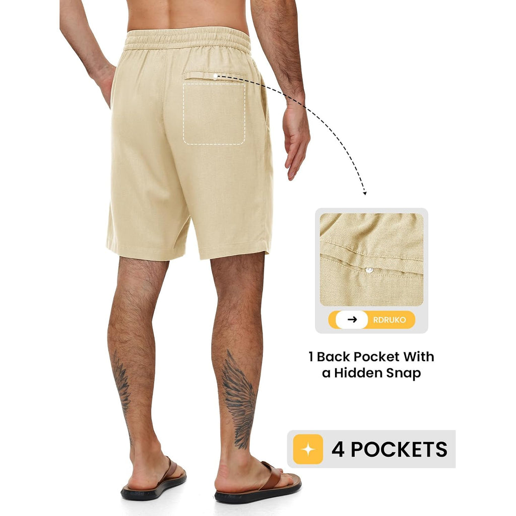 Rdruko Men'S Casual Shorts, 9" Linen Zipper Pocket Shorts Elastic Waist Drawstring Breathable For Summer Vacation Lounge