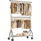 Hyseyy Heavy Duty Clothes Rack, Double Rod Clothing Rack For Hanging Clothes, Rolling Garment Rack, Adjustable Freestanding Wardrobe Closet Coat Rack For Bedroom Laundry Living Room, Silver