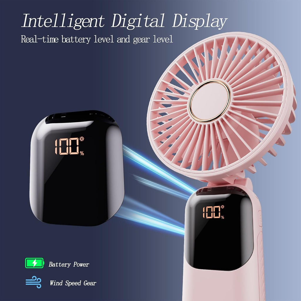 Gockera Portable Fan, 4200Mah Battery Operated Fan, 5 Speeds&Digital Display, Makeup Fans For Women With Base, 180°Foldable 3In1 Handheld/Neck/Desk Fan For Outdoor Indoor,Ultra Quiet (Pink)