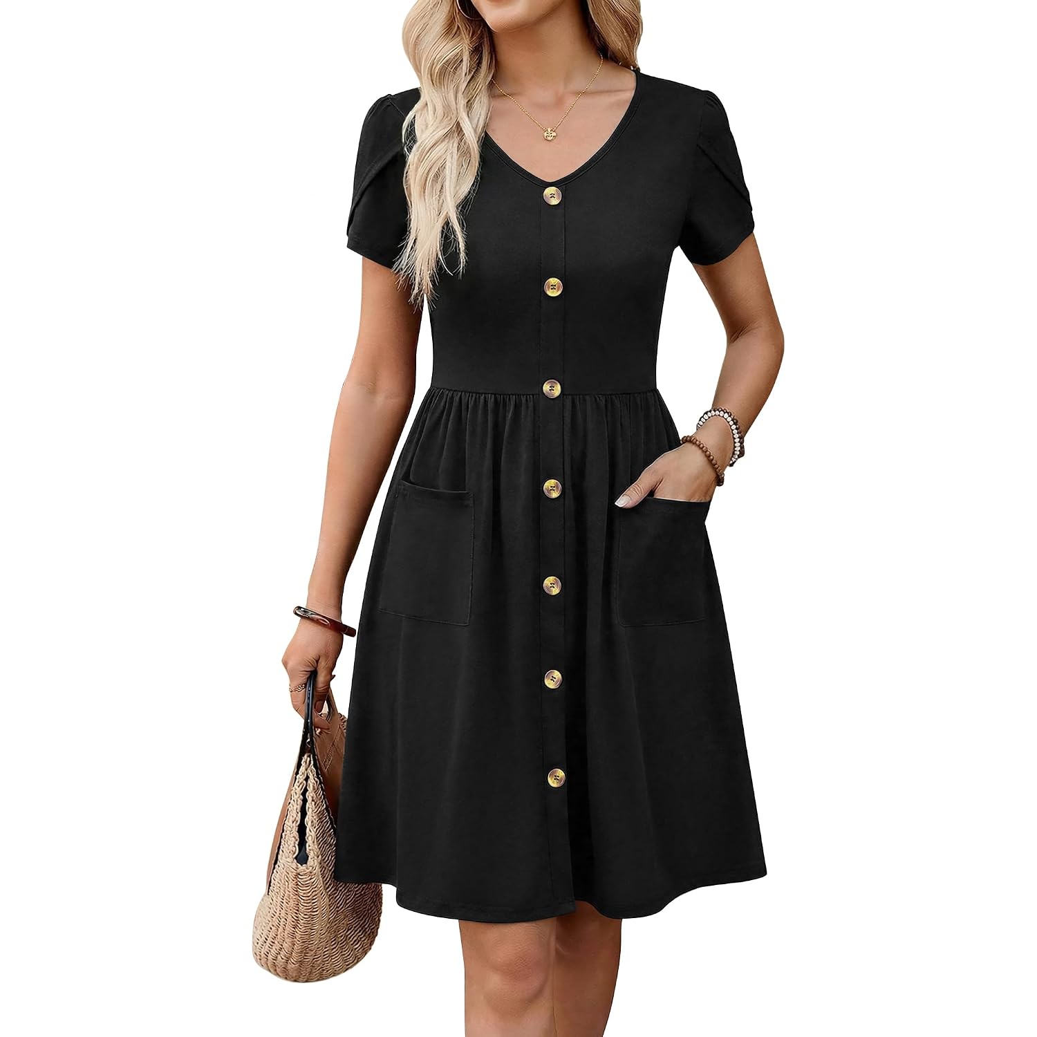 Zeagoo Womens Summer Dress Mini Petal Short Sleeve Dresses Pleated Button Down V Neck Floral Beach Swing Vacation Dress 2026