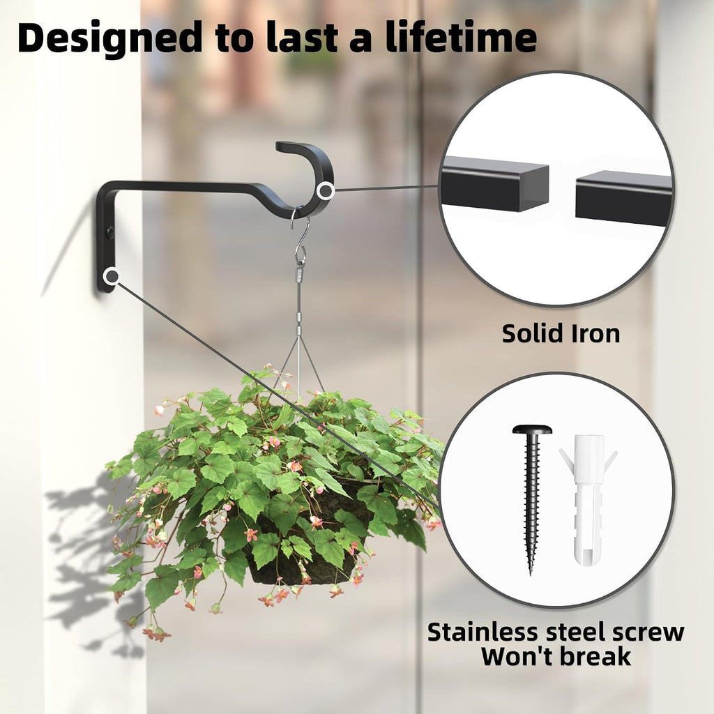Saffruff Heavy Duty Plant Hooks For Wall: 6-Inch 2 Pack Plant Hangers Outdoor, Hold 35Lb, Bird Feeder Hanger For Outside, Iron Planter Brackets For Hanging Baskets, Wind Chime, Lantern, Metal - Black