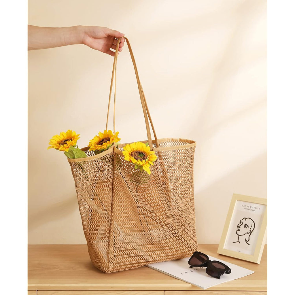 Iioscre Beach Bag for Women, Causal Hobo Pool Bags with Zipper Inner Pocket, Foldable Swim Tote Bag for Vacation Essentials