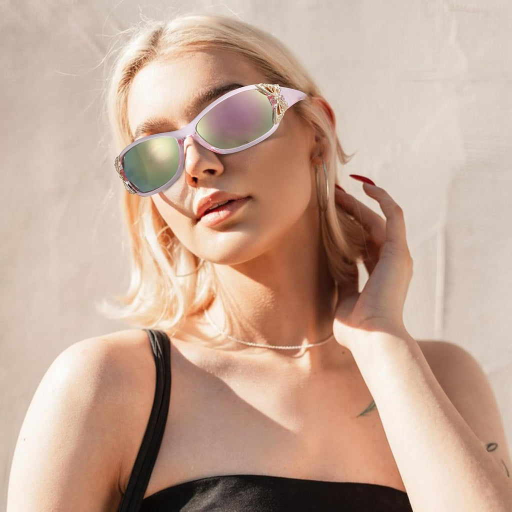 3 Pairs Y2K Sunglasses For Women, Fashion Wrap Around Butterfly Design Sun Glasses With Uv400 Protection