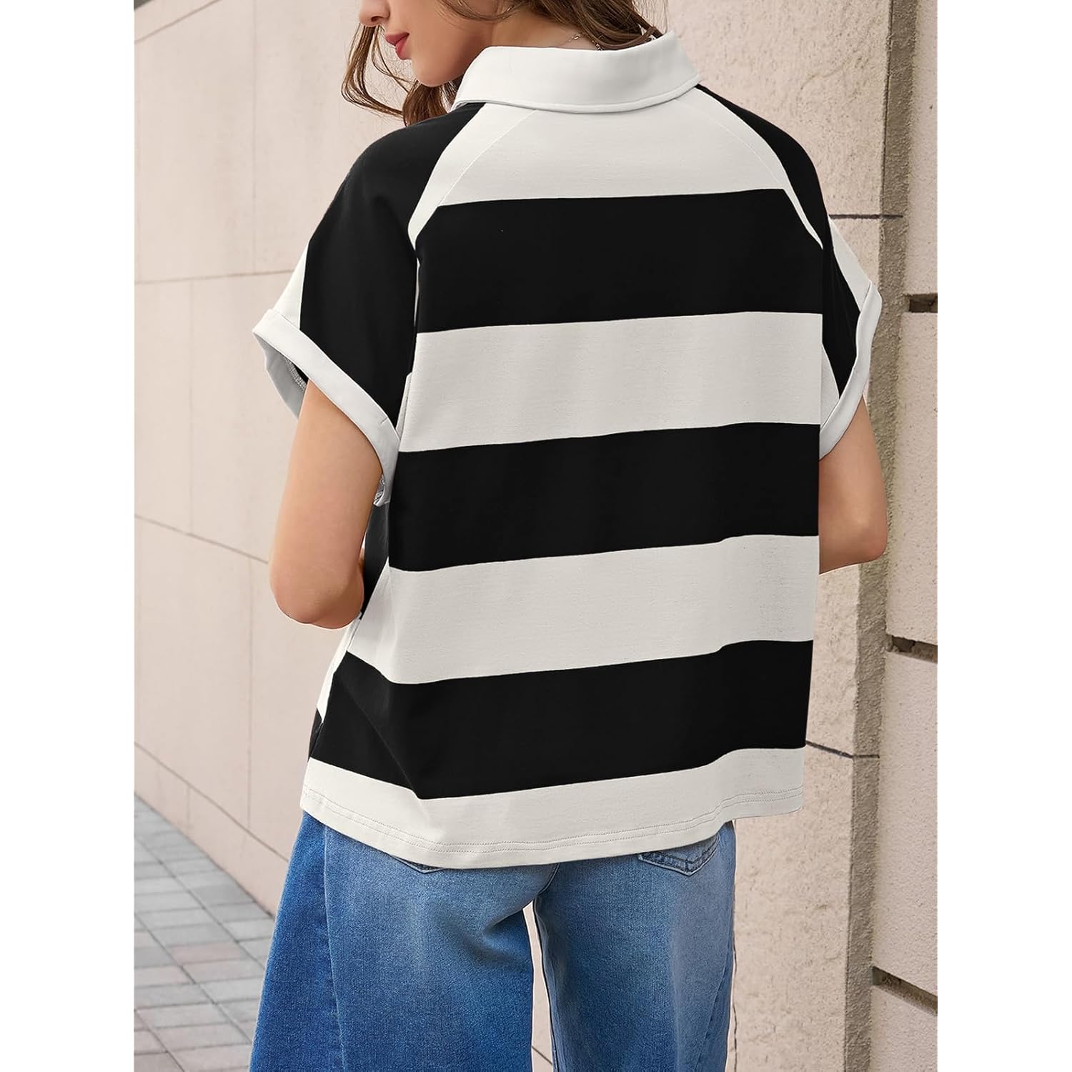 Womens Striped Polo Shirts Summer Short Sleeve Rugby Shirt Oversized Cotton Collared Casual Loose Cropped Tee Tops
