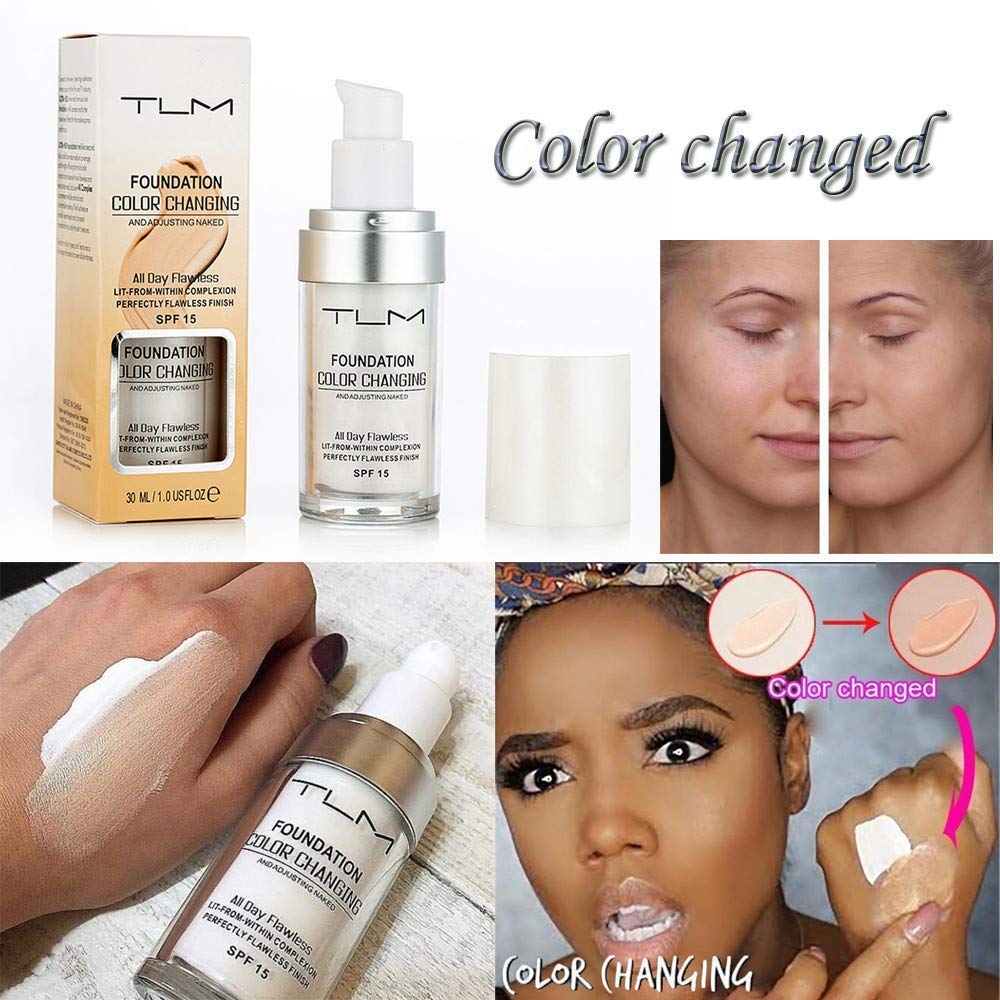2Pcs Tlm Color Changing Foundation Liquid With 2 Brushes And 2 Cosmetics Sponge Flawless Full Coverage Natural Color Face Primer Base Makeup 30Ml