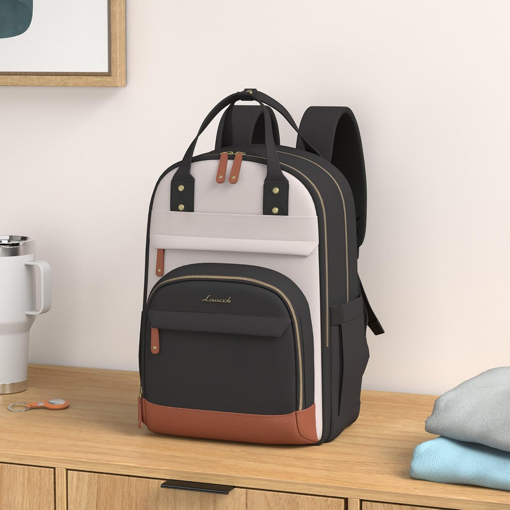 Lovevook Laptop Backpack Women With Giant Tumbler Holder,15.6 Inch Waterproof Work Travel Backpack Computer Laptop Bag,Cute College Nurse Teacher Backpack Purse,Gifts For Women & Men,Beige-Black-Brown