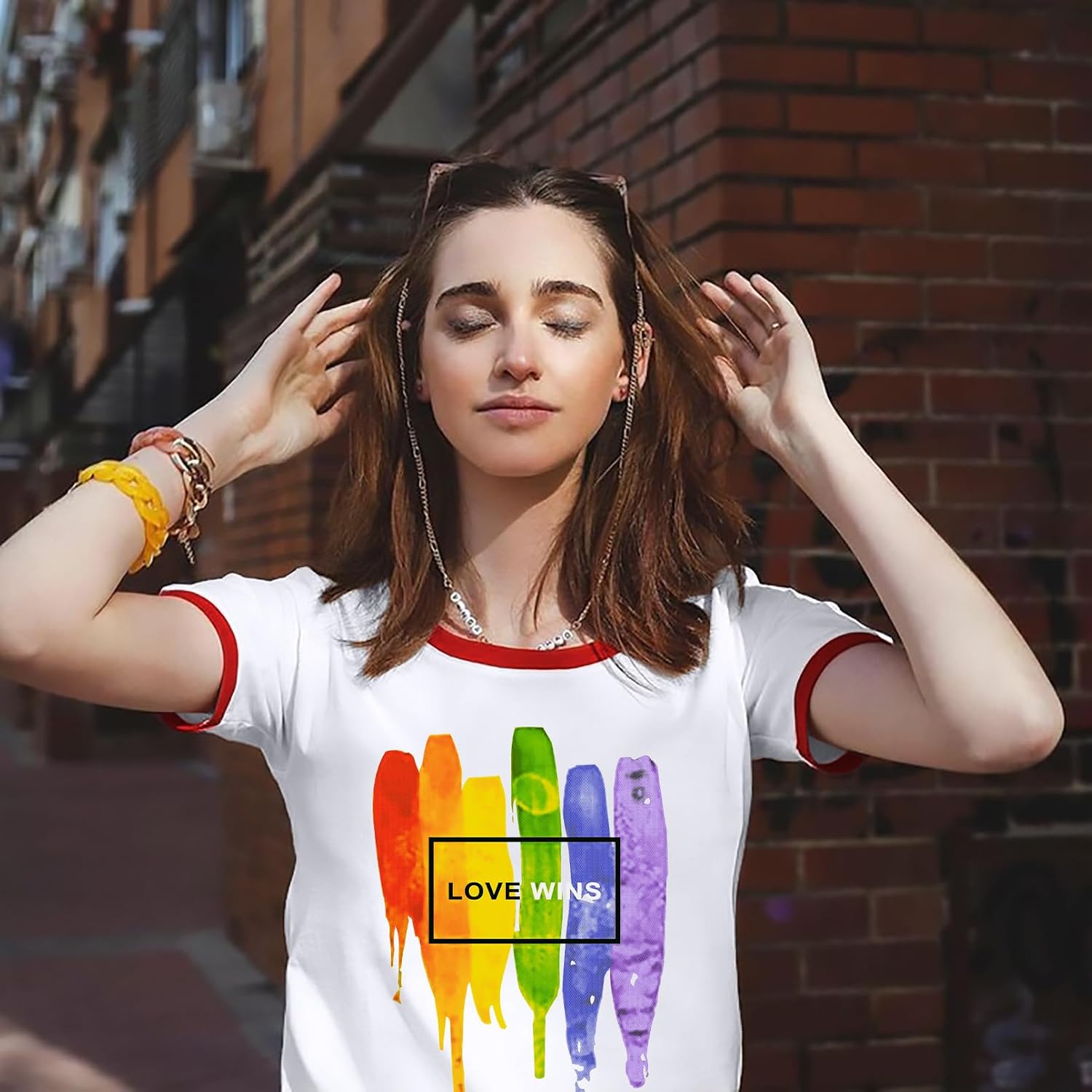 VVNTY Pride Shirts Women: LGBT Rainbow Graphic Tee Gay Pride T Shirt Lesbian Casual Red Ringer Tee White-love Wins