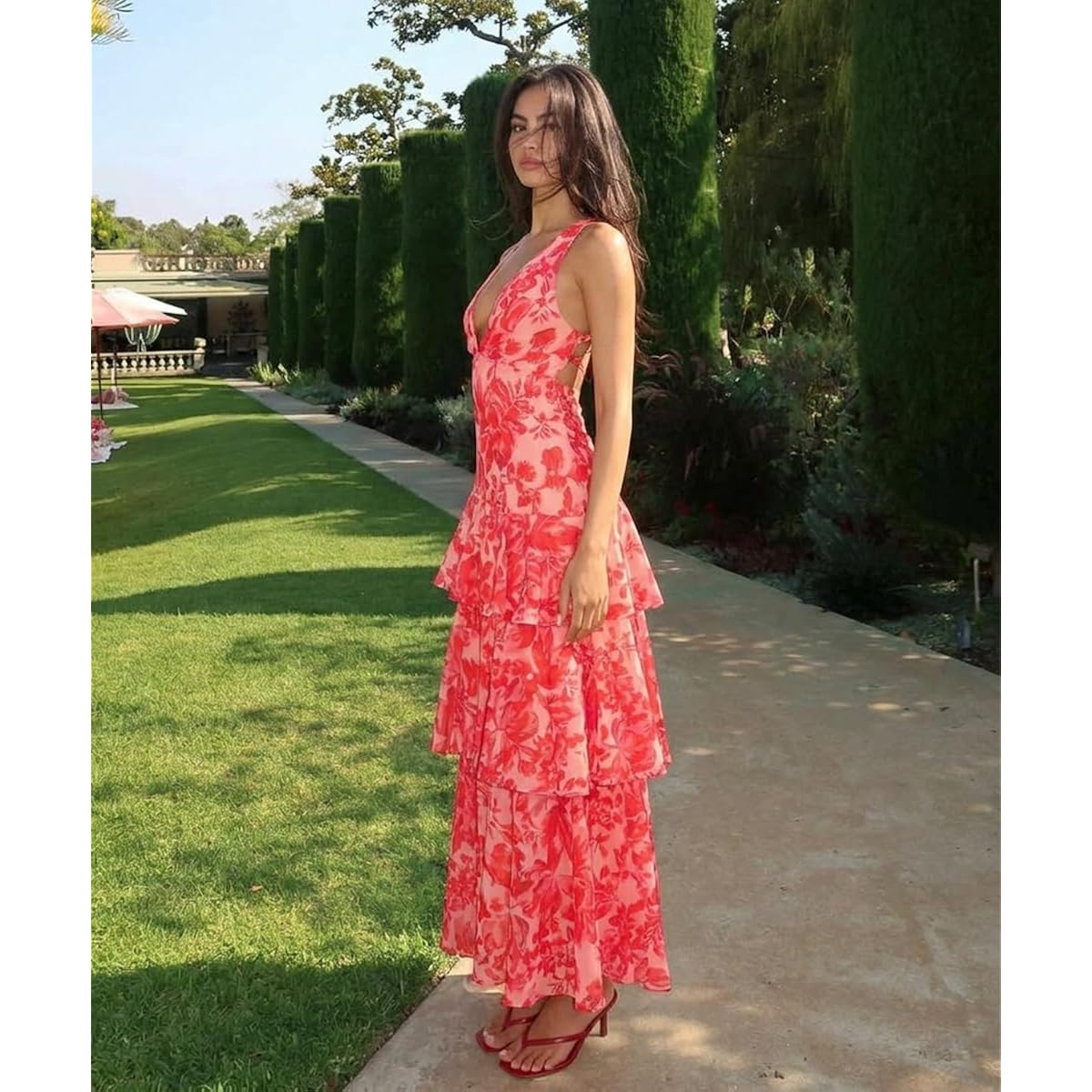 Women'S Floral Maxi Dress Sexy Deep V Neck Backless Ruffles Dresses Beach Party Wedding Guest Dress