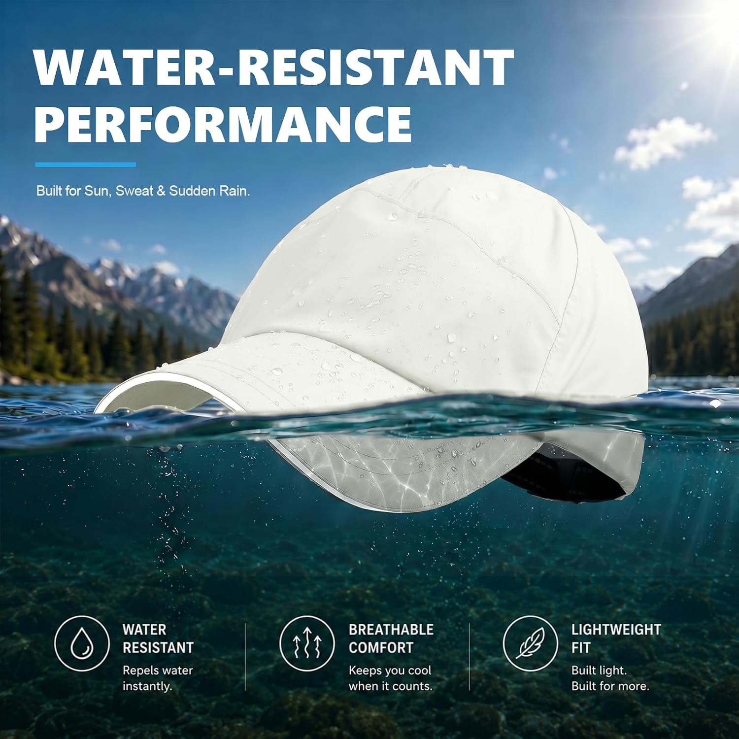 Mens Waterproof Baseball Cap Womens Rain Hat Quick Dry Running Hat with Sweatband Outdoor Golf Breathable Sports Cap Beige Grey