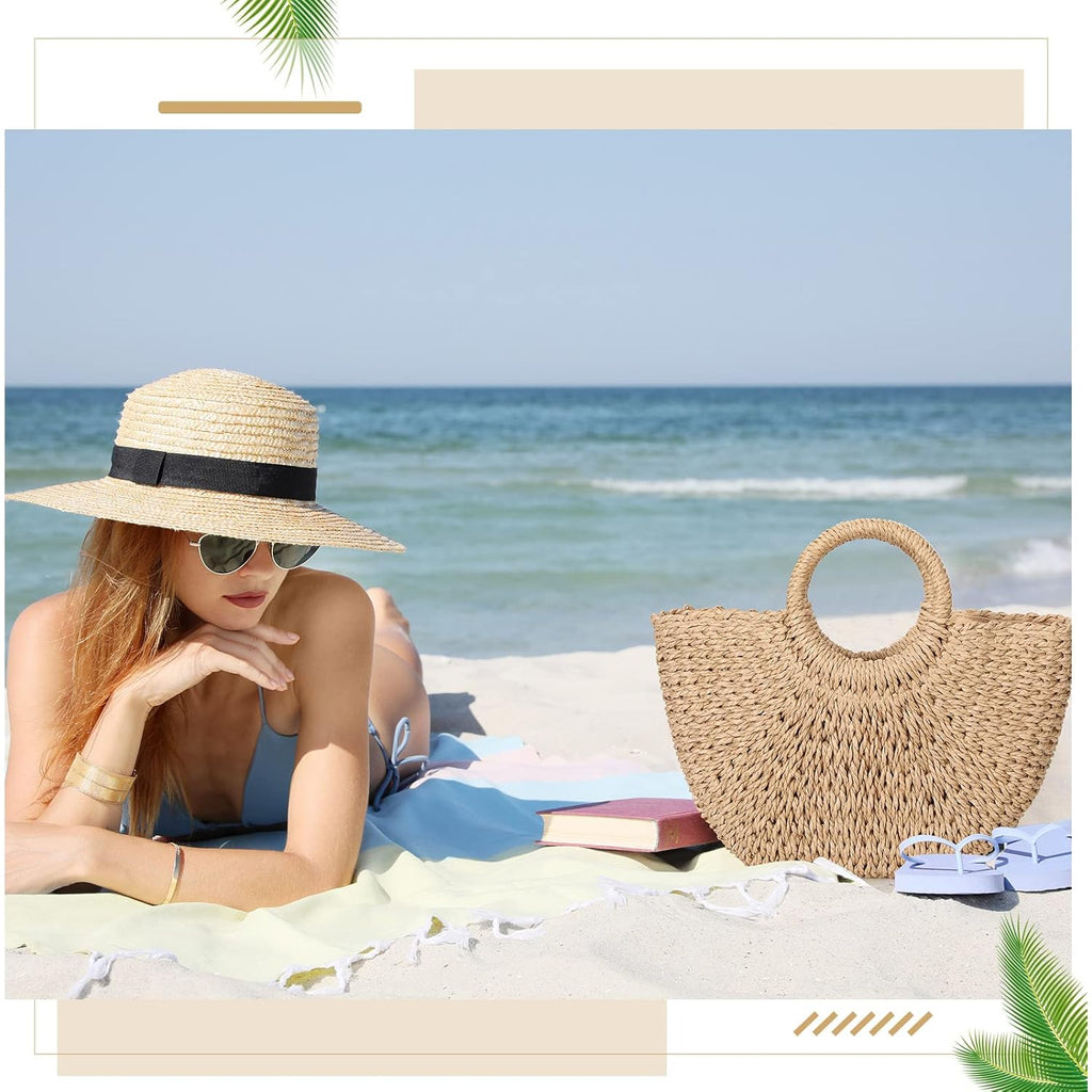 Mixweer 4 Pcs Straw Bag for Women Summer Travel Rattan Woven Raffia Beach Handbags Handle Big Capacity Tote Clutch Bags 2024